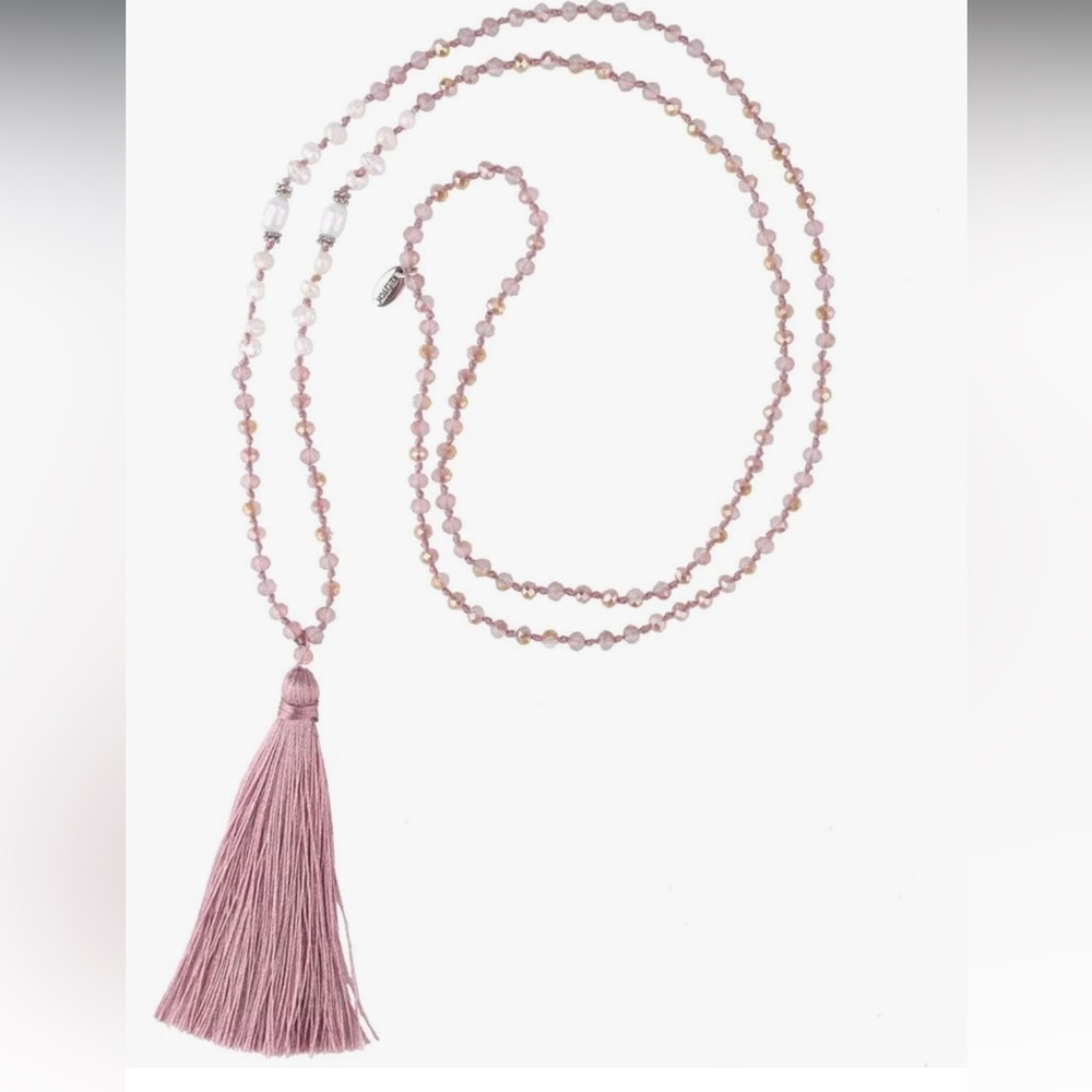 Pink silk tassel beaded necklace, long chain